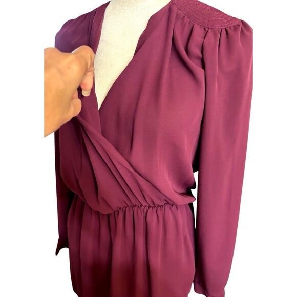Cache Burgundy Wrap V Neck Back Long Sleeves Elastic Waist Mini Dress Sz S - Picture 9 of 12
